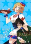  axis_powers_hetalia black_hair blonde_hair blue_eyes brown_eyes genderswap hair_ornament hairclip hamburger_skater hat idolmaster japan_(hetalia) piropos tray waitress waitress_uniform 