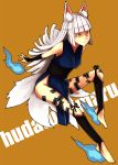  bare_shoulders barefoot blue_fire bridal_gauntlets feet fire flame fox_ears fox_tail fuda_tsunemaru japanese_clothes long_hair nosuku original side_slit tail toeless_socks white_hair yellow_eyes 