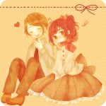  ahoge axis_powers_hetalia bangs blush brown_eyes brown_hair child closed_eyes couple dress happy heart male pants principality_of_seborga_(hetalia) principality_of_wy_(hetalia) ribbon short_hair side_tail sitting 