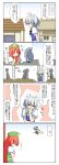  4koma apple blonde_hair blue_eyes blush_stickers bow braid brick brick_wall broom closed_eyes comic crossed_arms eyes_closed flying food fruit hair_bow hat hat_bow highres hong_meiling izayoi_sakuya kirisame_marisa long_hair maid_headdress multiple_girls open_mouth red_hair redhead rokugatsu_t silver_hair sleeping star the_embodiment_of_scarlet_devil touhou translation_request witch witch_hat 