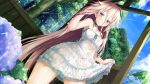  1girl blue_eyes blush daidou_(demitasse) dress dutch_angle flower hair_tucking highres hydrangea ia_(vocaloid) leaf long_hair looking_at_viewer parted_lips see-through_silhouette skirt skirt_lift sky solo tree very_long_hair vocaloid water wet wet_clothes white_dress 