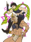  2boys boots brown_hair carrying facial_mark fingerless_gloves gloves jojo_no_kimyou_na_bouken joseph_joestar_(young) midriff multiple_boys muscle rollingcalling scarf shoulder_carry tattoo turban wham 