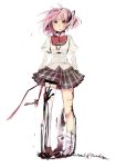  alternate_hairstyle asymmetrical_hair bow bowtie character_name eyes flower hair_down hair_ornament hair_ribbon hand_on_thigh hands holding kaname_madoka kriemhild_gretchen ktro loafers long_sleeves loose_thighhigh mahou_shoujo_madoka_magica miniskirt pigeon-toed pink_eyes pink_hair plaid plaid_skirt pleated_skirt puffy_sleeves ribbon school_uniform scratches shoes short_hair side_ponytail simple_background single_shoe skirt solo spoilers standing thigh-highs thighhighs torn_thighhighs uniform white_background white_legwear wind zettai_ryouiki 