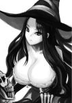  bare_shoulders cleavage detached_sleeves dragon&#039;s_crown dragon's_crown dress hat hm_(hmongt) huge_breasts large_breasts long_hair monochrome simple_background skeleton solo sorceress sorceress_(dragon&#039;s_crown) sorceress_(dragon's_crown) strapless_dress upper_body vanillaware witch witch_hat 
