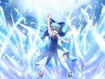  blue blue_background blue_eyes blue_hair bow cirno dress hair_bow ice ice_sword kimagure_ringo mary_janes outstretched_arm pointing pointing_up shoes short_hair solo sword touhou weapon 
