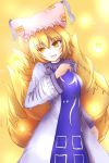  1girl absurdres animal_ears blonde_hair breasts dress fox_ears fox_tail hat highres long_sleeves short_hair smile solo tail touhou yakumo_ran yellow_background yellow_eyes 