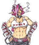  abs artist_request demon female horns muscle pink_hair smoking 