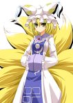  animal_ears blonde_hair blue_dress dress fox_ears fox_tail hands_in_sleeves hat hat_with_ears multicolored_dress multiple_tails ofuda rapattu short_hair smile solo tail touhou white_dress yakumo_ran yellow_eyes 