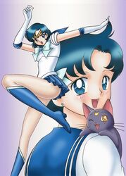  aqua_hair bishoujo_senshi_sailor_moon boots bow cat dual_persona earrings gloves jewelry legs luna_(sailor_moon) magical_girl mizuno_ami open_mouth pantyhose sailor_mercury school_uniform sheer_legwear short_hair uraharukon wink 