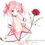  bad_id bow dress face flower gloves hair_bow jewelry kaname_madoka magical_girl mahou_shoujo_madoka_magica necklace pink_dress pink_eyes pink_hair rose smile soburi solo twintails white_gloves 