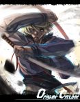  blonde_hair blue_eyes dual_wielding glowing glowing_eyes hikagami_yukiri ivan_karelin jacket katana letterman_jacket male midriff purple_eyes purple_jacket ribbon scabbard sheath short_hair solo sword tiger_&amp;_bunny violet_eyes weapon 