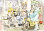  blonde_hair blue_eyes drink kawashiro_nitori kirisame_marisa master_(4th) moped morichika_rinnosuke motocompo multiple_girls short_hair touhou traditional_media ume-sensei watercolor_(medium) yellow_eyes 