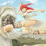  angry ankle_lace-up ankle_lace_up barefoot blood cross-laced_footwear dirty_feet dress feet fighting_stance fist highres jewelry kicking magi_the_labyrinth_of_magic morgiana necklace red_hair redhead toe_scrunch white_dress 