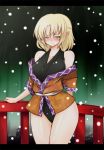  bare_legs bare_shoulders blonde_hair blush bridge curvy green_eyes mizuhashi_parsee no_pants off_shoulder pandain pointy_ears s-day snow solo thighs touhou 