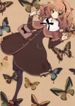  bag black_legwear brown_hair butterfly copyright_request highres itou_noiji long_sleeves nail_polish pantyhose purse solo 
