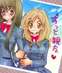  2girls blush glasses kazama_ushio multiple_girls murasame_sumika sasameki_koto school_uniform smile uniform 