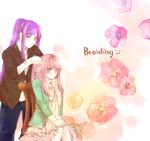  blue_eyes braiding_hair casual chair couple dress flower hairdressing jacket kamui_gakupo megurine_luka multiple_girls pink_hair purple_hair rigu_(what_will_be_will_be!) sitting sleeves_pushed_up vocaloid 