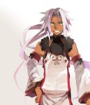  bad_id bangs detached_sleeves green_eyes grin hand_on_hip hips ibal long_hair male parted_bangs ponytail shihage smile solo tabard tales_of_(series) tales_of_xillia white_hair 