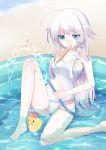  1girl ahoge ancer_(mishima_kurone) anceril_sacred annoyed artist_request bad_id barefoot blue_eyes casual_one-piece_swimsuit feet_in_water frown highres hose long_hair mishima_kurone mouth_hold one-piece_swimsuit original partially_submerged pool popsicle rubber_duck sitting soaking_feet solo source_request splash splashing submerged swimsuit wading wading_pool water white_hair white_swimsuit 