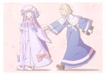  alice_margatroid alternate_costume bangs blonde_hair blue_eyes blunt_bangs blush book bow capelet crescent dress gogyoo_hiroshi hair_ornament hand_holding hat holding_hands long_hair multiple_girls open_mouth patchouli_knowledge purple_eyes purple_hair ribbon short_hair striped touhou violet_eyes 