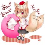  animal_ears bad_id blonde_hair chibi fang geta hat inubashiri_momiji kujaku_renka red_eyes silver_hair solo tabi tail tail_wagging tokin_hat touhou translated wolf_ears wolf_tail 