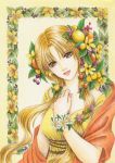  brown_eyes demeter_(mythology) dress flower food fruit goddess greek kaori_natsuki long_hair mythology orange_hair smile traditional_media yellow_dress 