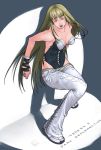  1girl against_wall alternate_costume bare_shoulders blonde_hair blue_eyes breasts casual corset emilie_de_rochefort g-room_honten lace-up_legwear long_hair lowleg lowleg_pants namco pants shadow shoes sneakers solo spotlight tekken tekken_5 tekken_5_(dark_resurrection) very_long_hair wrist_ribbon 