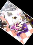  alternate_hairstyle book breasts chair checkered checkered_floor cleavage crescent cup down_blouse from_above hair_ornament highres hoshino_yami patchouli_knowledge photo_(object) ponytail purple_eyes purple_hair saucer solo table teacup teapot touhou violet_eyes 