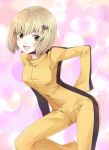  blonde_hair blush bruce_lee&#039;s_jumpsuit bruce_lee's_jumpsuit cosplay green_eyes hair_ornament hairclip hatsuse highres huang_baoling jumpsuit open_mouth parody short_hair solo tiger_&amp;_bunny 
