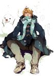  1boy blonde_hair blue_eyes coat keith_goodman male sachiko_(omame) scarf short_hair sitting smile snow snowing snowman solo tiger_&amp;_bunny winter_clothes 