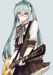  aqua_eyes aqua_hair bespectacled glasses guitar hatsune_miku instrument kibamigohann simple_background skirt solo twintails vocaloid 