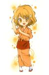  brown_eyes chibi flower hair_flower hair_ornament hanasaku_iroha japanese_clothes marker_(medium) matsumae_ohana open_mouth orange_eyes orange_hair pastel_(medium) sandals short_hair smile solo sorane_rin tabi traditional_media wavy_hair 