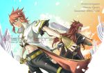  2boys asch belt coat fingerless_gloves gloves green_eyes long_hair luke_fon_fabre midriff mizuno_haruhi multiple_boys pants payot red_hair redhead serious sword tales_of_(series) tales_of_the_abyss weapon 