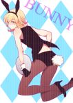 animal_ears argyle argyle_background bad_id bare_shoulders barnaby_brooks_jr black_gloves blonde_hair briefs bunny_ears bunny_girl bunny_tail bunnysuit from_behind glasses gloves green_eyes high_heels male pantyhose shoes solo tail tiger_&amp;_bunny underwear wrist_cuffs yukiguni_(moaism) 