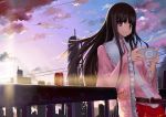  bad_id belt building can city cloud clouds evening floating_hair frilled_sleeves frills hands houraisan_kaguya linsert long_hair looking_at_viewer pink_eyes playstation_portable psp red_eyes sky solo sunset touhou twilight wide_sleeves wind 