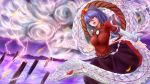 1girl highres mishaguji onbashira pnoji purple_hair red_eyes skirt snake solo storm touhou yasaka_kanako