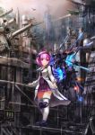 artificial_wings building cannon coat fighter_jet glowing hairband highres jet original pink_eyes pink_hair shirt short_hair skirt skyline skyscraper smog solo sparks tahal taharu_kousuke thigh-highs thighhighs wings zettai_ryouiki 