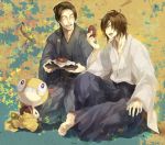  barefoot brown_eyes brown_hair character_request closed_eyes date_masamune date_masamune_(sengoku_basara) doughnut eyes_closed hainegom highres janis_(hainegom) japanese_clothes jin_(jdrama) leaf male minakata_jin multiple_boys open_mouth pokemon scraggy sengoku_basara series_request source_request 