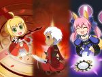  archer blonde_hair blush brown_eyes caster chibi dress fate/extra fate/stay_night foxgirl green_eyes japanese_clothes long_hair pink_hair ribbons saber short_hair sword tail thigh-highs thighhighs twintails weapon white_hair 