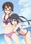  arm_hug bikini black_hair brown_eyes errant frilled_bikini frills front-tie_top glasses half_rim_glasses k-on! long_hair manabe_nodoka mound_of_venus multiple_girls nakano_azusa red-framed_glasses semi-rimless_glasses short_hair side-tie_bikini swimsuit under-rim_glasses 