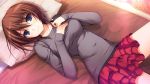  bed brown_hair character_request frilled_skirt from_above game_cg koi_de_wa_naku on_back on_bed red_skirt short_hair skirt smile tagme_(character) tomose_shunsaku 