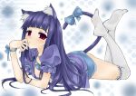  animal_ears artist_request blue_hair bow bows cat_ears cat_tail feet flat_chest frederica_bernkastel garters hime_cut kemonomimi_mode kneehighs long_hair lying on_stomach open_mouth open_shirt over-kneehighs purple_eyes ribbon shirt solo tail thighhighs umineko_no_naku_koro_ni very_long_hair white_legwear 