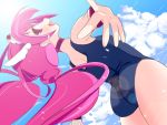  1girl ass back choker clouds cure_happy earrings head_wings highres hoshizora_miyuki jewelry long_hair looking_back magical_girl one-piece_swimsuit outstretched_arms pink_eyes pink_hair precure school_swimsuit sky smile_precure! solo sunlight swimsuit tiara twintails 