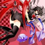  ahoge akatsuki_yakyou asymmetrical_wings black_hair bowtie highres houjuu_nue polearm red_eyes short_hair snake solo spear thigh-highs thighhighs torn_clothes touhou trident ufo weapon wings zettai_ryouiki 
