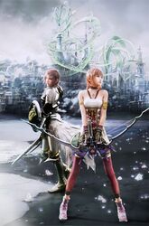  3d armor bow_(weapon) breastplate building buildings crossbow earrings farron feathers final_fantasy final_fantasy_xiii final_fantasy_xiii-2 highres jewelry lightning_farron long_hair multiple_girls necklace official_art pink_hair serah_farron shield siblings sisters sword weapon 