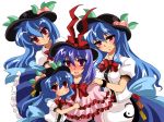  4girls adult blue_hair blush bow bowtie bracelet capelet dress food fruit hat hinanawi_tenshi jewelry lavender_hair leaf long_hair multiple_girls multiple_persona nagae_iku open_mouth peach pout ribbon shawl simple_background smile time_paradox touhou umeshyu_sake young 