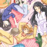  alligator alternate_hairstyle barefoot black_hair brown_eyes brown_hair buntan crocodilian face from_above hair_down hanasaku_iroha hands long_hair matsumae_ohana multiple_girls navel oshimizu_nako pajamas pillow striped stuffed_animal stuffed_toy tsurugi_minko turtle 