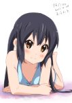  black_hair blush brown_eyes errant k-on! light_smile long_hair lying nakano_azusa on_stomach payot simple_background smile swimsuit twintails 