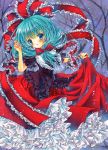  acrylic_paint_(medium) aqua_hair bad_id bare_tree blue_eyes blush bow clothes_grab dress frilled_dress frills front_ponytail gathers gown hair_bow hair_ribbon kagiyama_hina petticoat puu_(kari---ume) ribbon ruffles short_sleeves solo touhou traditional_media tree wrist_cuffs 