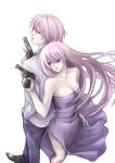  dress genderswap gun long_hair megurine_luka megurine_luki pink_hair simple_background vocaloid weapon 